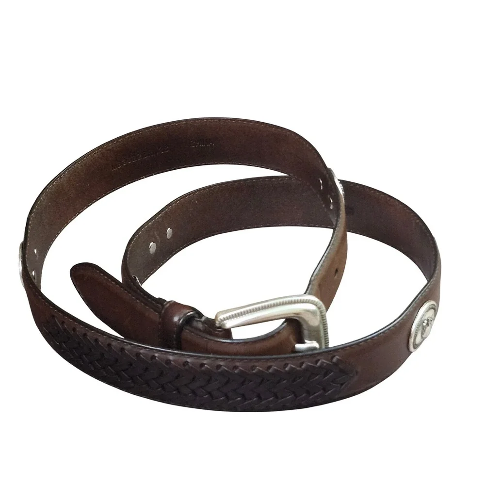 Fossil Mens Brown Leather Western Belt‎ Buffalo Concho Braided  Size 38 Ranch